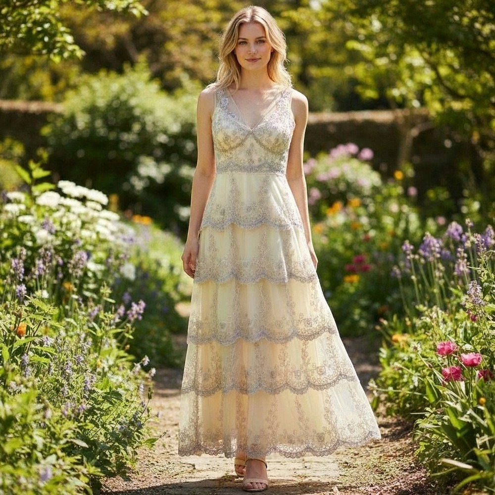 VTG Stenay Petite Champagne Beaded Tiered Rare Y2K Formal/Wedding Dress 8P